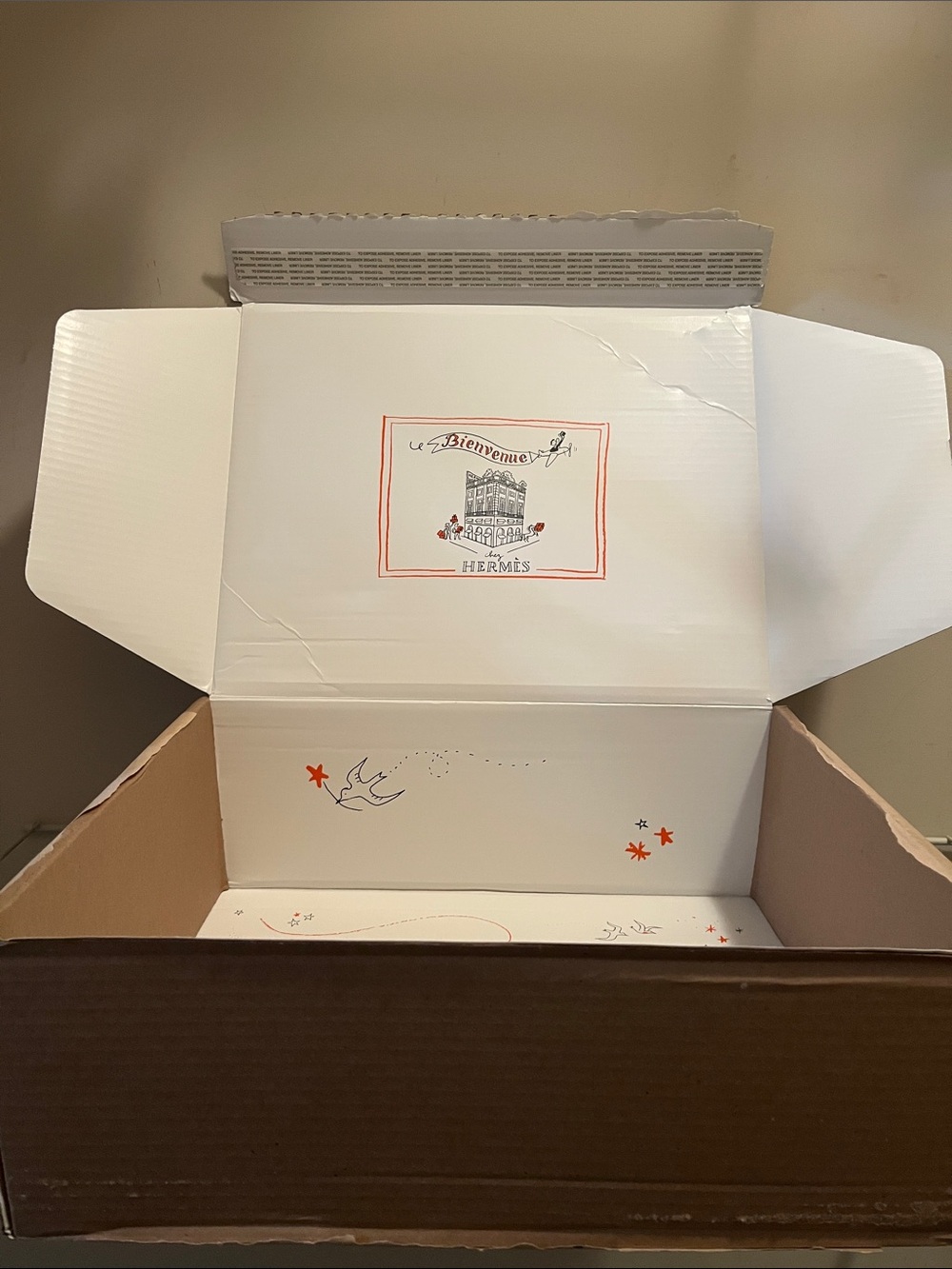 Hermès Brown/White empty shipping Box with Orange Accent 15”W x 11.5”L x 5.5”D